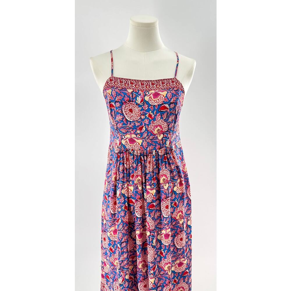BA&SH Valentine Block Print Apron Dress Midi Open Back Sundress Blue Floral M